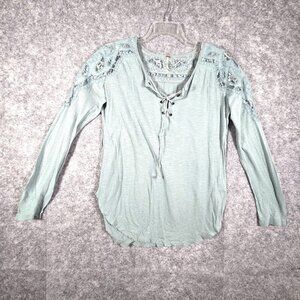 Free People Women's Knit Top V Neck Long Sleeve Pullover  Crochet Green Size L